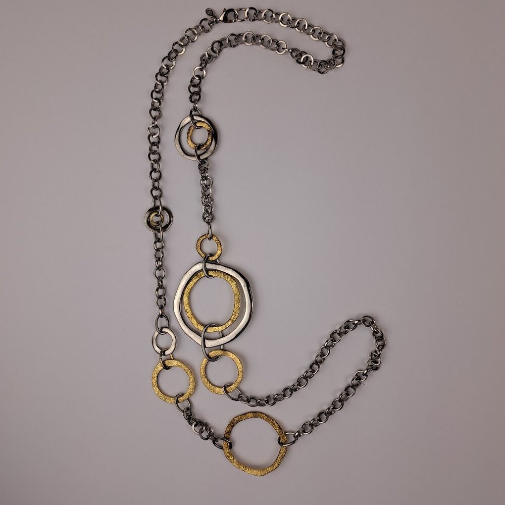 Vintage Premier Designs Long Gold & Silver Metal Tone Open Circles Necklace